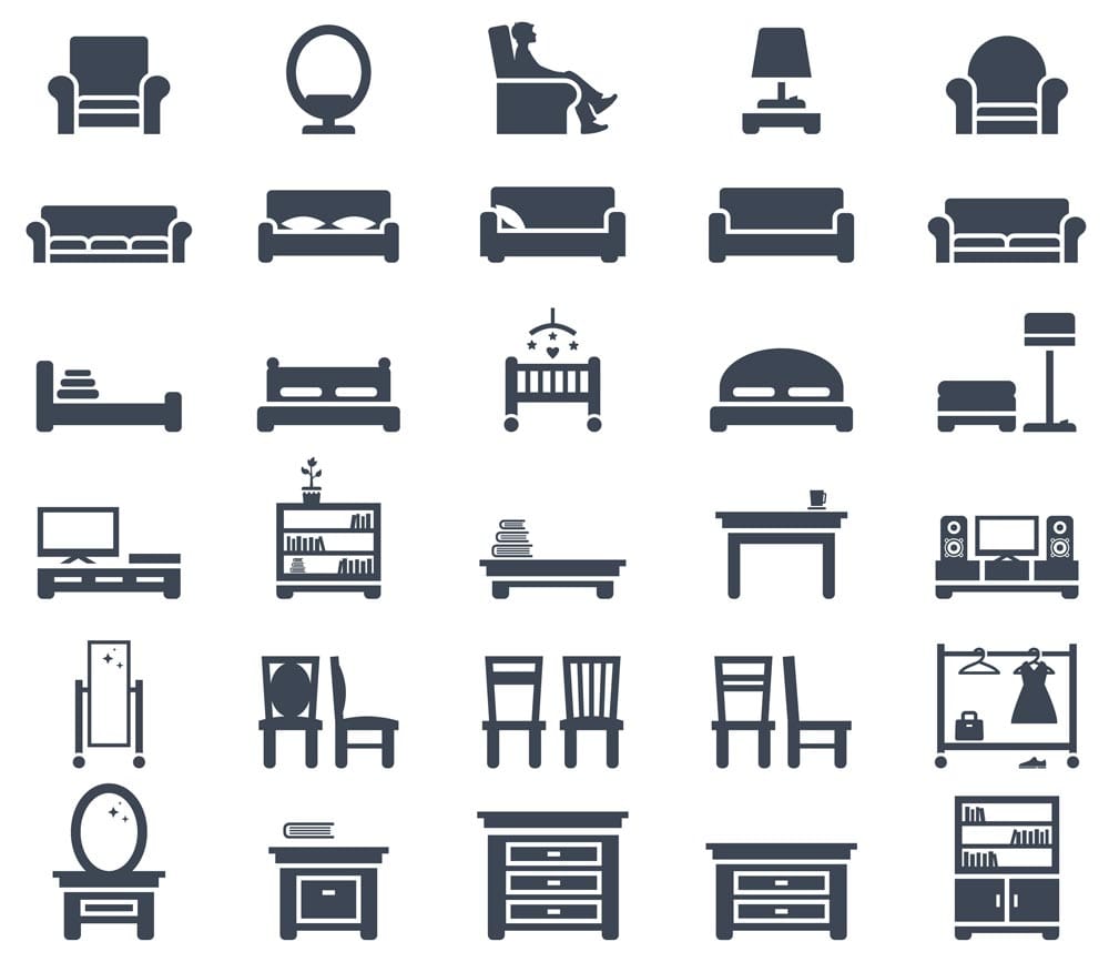 Different types of furniture: closet, bed, table, chairs, sofa, bedside table, television stand, mirror, chest of drawers